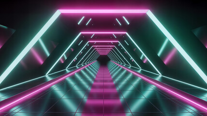 Neon tunnel futuristic corridor glowing lights perspective abstract background dark space