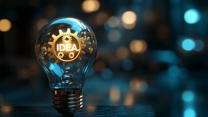 Creative glowing lightbulb with golden gear and word idea inside innovation, creativity, inspiration, invention, business success concept in dark blurred background representing motivation imagination - Powered by Adobe