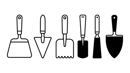 Various spatulas and trowels in a versatile line art and silhouette collection for construction, gardening, kitchen, and craft projects, illustrating diverse tool designs