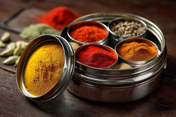 Assorted Ground Spices in Traditional Indian Spice Box