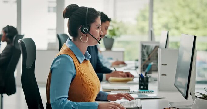 Business woman, consultant and computer with headset in office for customer service or response. Female person, agent or typing with mic for virtual assistance, support or help in call center agency - Powered by Adobe