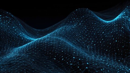 Abstract digital wave network with glowing blue particles on a dark background