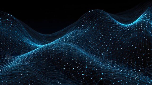 Abstract digital wave network with glowing blue particles on a dark background