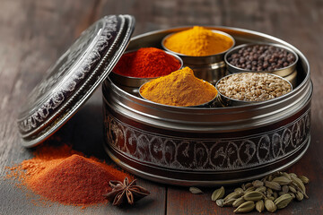 Colorful Indian Spice Assortment in a Decorative Metal Masala Box