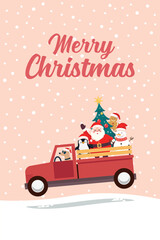 Christmas Cute Santa Claus and Snowman on the Red Truck Greeting card