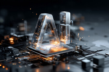 The Artificial Intelligence (AI) microprocessor chip. Powerful Quantum AI component on PCB motherboard with data transfers.