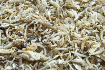Close up background of small white anchovy salted fish