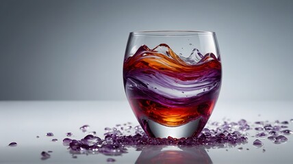 Vibrant swirling liquid in a clear glass with scattered purple crystals