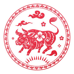Ox year red badge png traditional Chinese zodiac sign