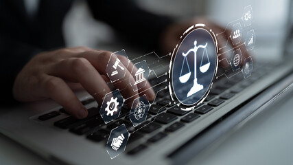 Futuristic digital law interface displaying justice scale, highlighting digital law, AI compliance,...