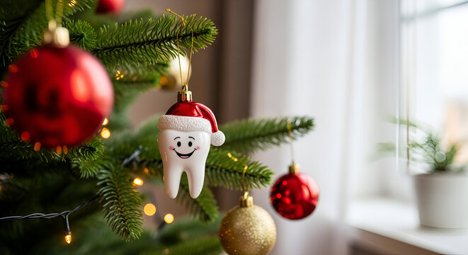 white tooth wearing senta hat hanging on christmas tree