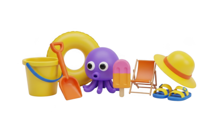 Collection of colorful beach toys and accessories for summer fun isolated on transparent background