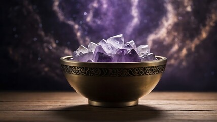 Mystical bowl of amethyst crystals and ice cubes with cosmic background