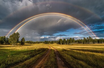 Fototapeta premium Double rainbow arches over a field with a dirt road leading to a distant forest