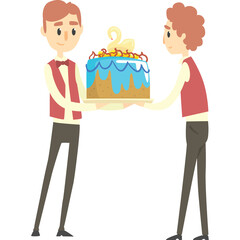 Two Men Presenting a Decorated Cake With a Swan Topper on a Transparent Background