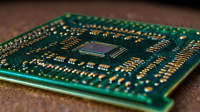 Closeup view of a green circuit board with golden contacts and microchip