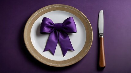 Purple satin bow on a white plate with a knife on a purple background