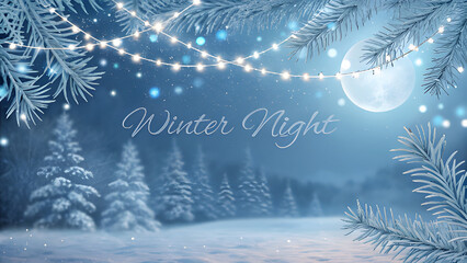 Enchanting winter night scene with twinkling lights and a luminous moon, perfect for holiday greetings, seasonal promotions, and creating a magical winter wonderland atmosphere