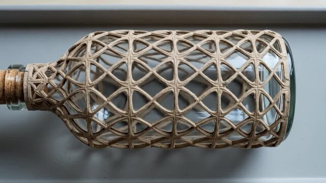 Decorative glass bottle on tray overhead view