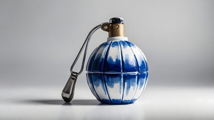 Elegant blue and white patterned perfume bottle with metal chain