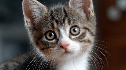 Curious kitten with big eyes and striped fur looking directly at camera in soft natural light