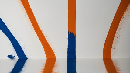 Abstract orange and blue paint streaks with reflections on a white background