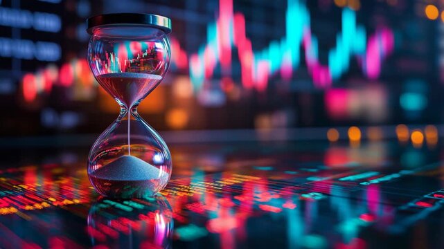 Transparent glass hourglass on neon stock market graph background, representing finance, trading, time management, cryptocurrency, and economic strategy in futuristic digital environment. - Powered by Adobe
