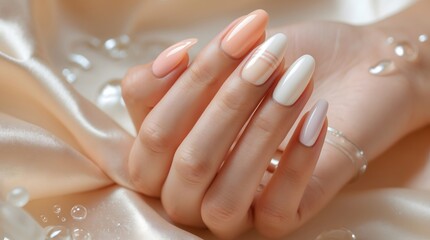 Elegant hand with almondshaped nails in soft pastel colors on satin fabric
