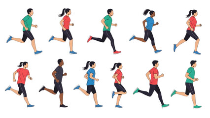 Diverse group of people running in athletic wear, symbolizing fitness and activity