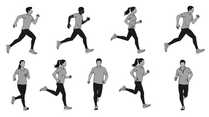 Dynamic monochrome vector illustrations of diverse people running, capturing various active poses for fitness and healthy lifestyle concepts