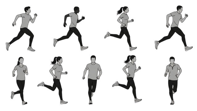 Dynamic monochrome vector illustrations of diverse people running, capturing various active poses for fitness and healthy lifestyle concepts