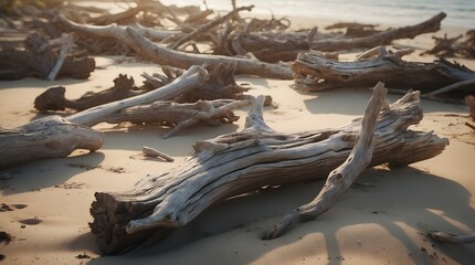 Weathered driftwood scattered across a sandy beach under warm sunlight