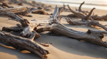 Weathered driftwood pieces scattered on a sandy beach at sunset