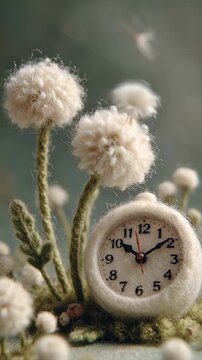 Close up of fluffy white flower clock elements with soft textures and a green background