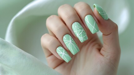 Closeup of a womans hand with stylish light green manicure and geometric design