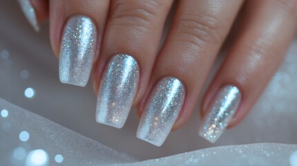 Womans hand showcasing sparkling silver glitter nail polish