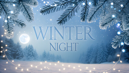 Enchanting winter night scenery with sparkling lights and frosty pines, perfect for holiday greetings, seasonal promotions, and cozy winter-themed designs, capture the magic of the season