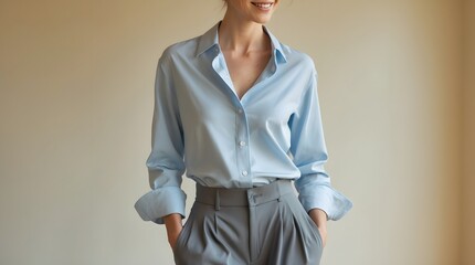 Stylish woman in a light blue shirt and grey trousers smiling