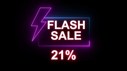 21% Flash sale shopping neon sign fluorescent light glowing banner background. The best stock neon flickering, blinking color for store or bar, Text flash sale by neon lights signboard.4k video.. - Powered by Adobe