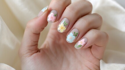 Womans hand showcasing delicate pastel floral nail art design