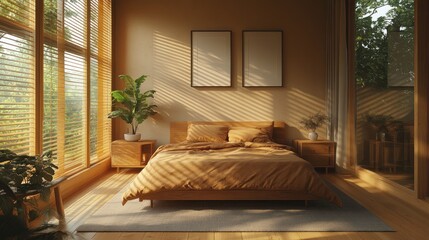 Sun-drenched bedroom with warm tones