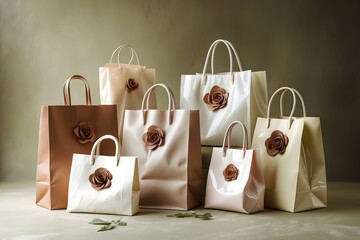 Group of elegant shopping bags in white and brown with beautiful rose details
