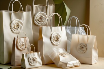 Beautiful assortment of creamcolored paper bags with floral embellishments