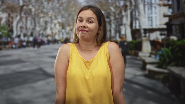 Woman shrugs shoulders on a crowded urban street wearing a yellow sleeveless top, glancing sideways with a sheepish smile; embarrassment.