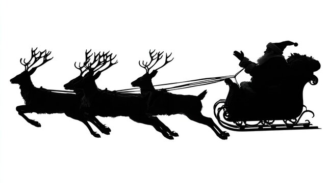 Silhouette of Santa Claus in a sleigh pulled by reindeer.
