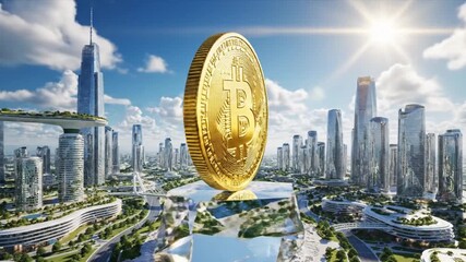 Golden Bitcoin Coin Symbolizing Future of Cryptocurrency in Modern Cityscape. - Powered by Adobe