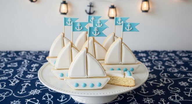 Delicious sailboat sugar cookies with nautical flags on a white cake stand for a themed party or event celebration