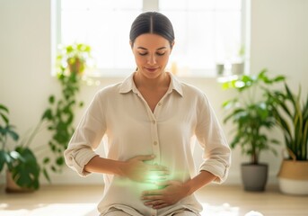 Serene woman cradling her abdomen with a glowing green light, symbolizing gut health and well being.