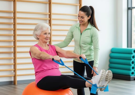 Happy senior woman working out with resistance bands and fitness instructor