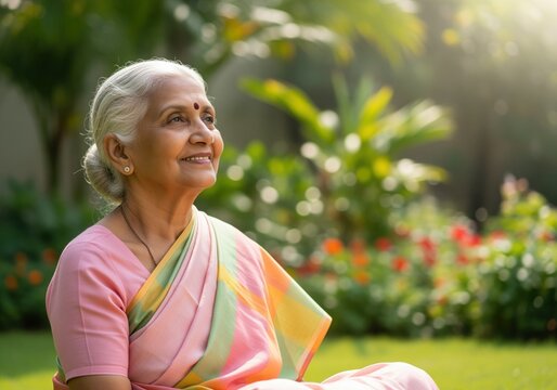 Content senior indian woman smiling brightly while sitting in a sunny garden - Powered by Adobe